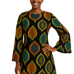 Feuille Royale — Satin Leaf-Print Dress with Long Flared Sleeves