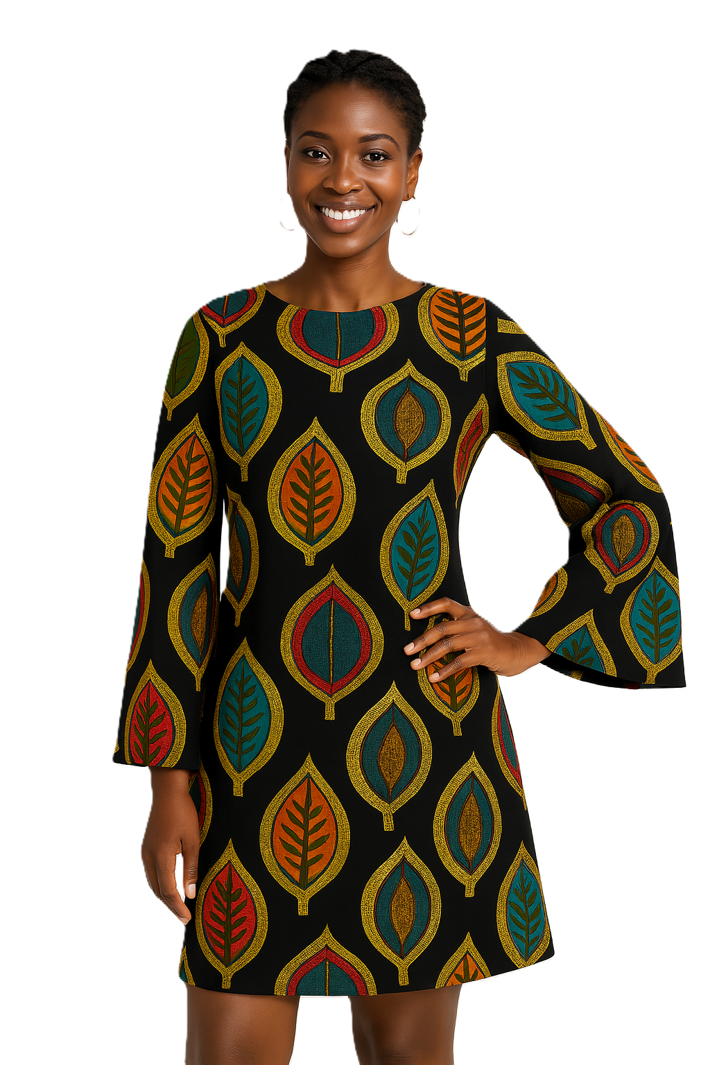 Feuille Royale — Satin Leaf-Print Dress with Long Flared Sleeves